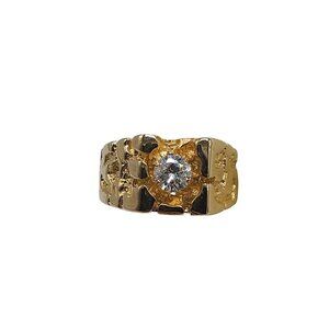 Mens 14kt Gold Electroplated Nugget Style Ring With Round Clear Stone Size 9